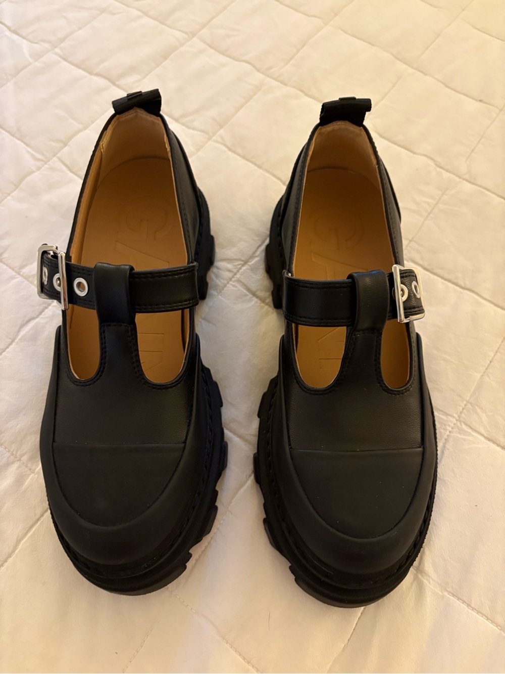 GANNI: Black Mary Jane Platform Loafers — Women's Chunky T-Strap Shoes